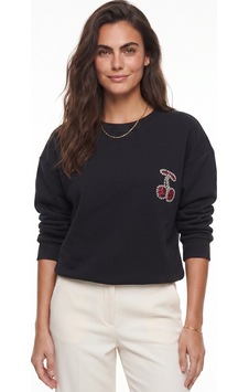 Onloox Kadın Siyah Siyah Pamuklu Bisiklet Yaka Üç İplik Şardonlu Kiraz Taş İşlemeli Detaylı Sweatshirt Onloox Kadın Siyah Siyah Pamuklu Bisiklet Yaka Üç İplik Şardonlu Kiraz Taş İşlemeli Detaylı Sweatshirt