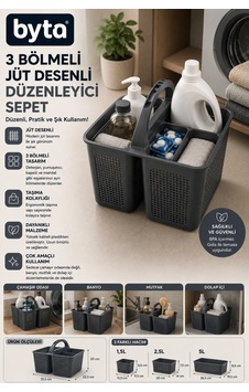 3 Bölmeli Jüt Desenli Çok Amaçlı Düzenleyici Sepet Taşıma Saplı Deterjan Organizeri 1,5l + 2,5l + 5l Siyah 3 Bölmeli Jüt Desenli Çok Amaçlı Düzenleyici Sepet Taşıma Saplı Deterjan Organizeri 1,5l + 2,5l + 5l Siyah