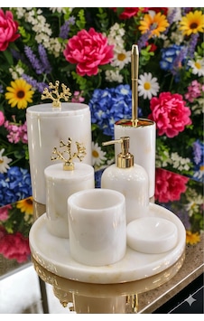 Hüsomar Design 7 Li Beyaz Mermer Banyo Seti Beyaz - Sarı