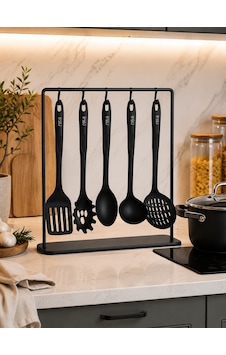 5 Parça Siyah Mutfak Servis Seti - Isıya Dayanıklı Kepçe Spatula Kaşık Hazırlık Seti