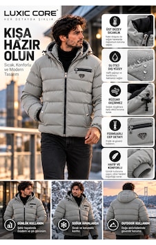 Luxic Core Luxıc Core Erkek Kapüşonlu Şişme Mont İçi Polarlı, Su İtici, Sıcak Tutan Günlük Kışlık Mont Gri Luxic Core Luxıc Core Erkek Kapüşonlu Şişme Mont İçi Polarlı, Su İtici, Sıcak Tutan Günlük Kışlık Mont Gri