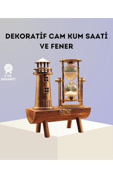 Dekoratif Ahşap Kum Saati Ve Deniz Feneri Figürlü Masa Süsü Şık Ve Fonksiyonel Tasarım Kahverengi