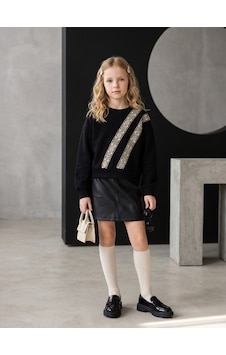Zekids Kız Çocuk Siyah Etnik Desenli Şerit Detaylı Sweatshirt-17447 Zekids Kız Çocuk Siyah Etnik Desenli Şerit Detaylı Sweatshirt-17447