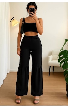 Defymoda Kadın Yüksek Bel Parça Detay Bol Paça Pantolon Siyah Defymoda Kadın Yüksek Bel Parça Detay Bol Paça Pantolon Siyah