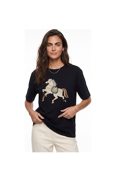 Onloox Kadın Siyah Siyah Pamuklu Bisiklet Yaka Kısa Kollu Oversize At Nakışlı Boncuk Detaylı T-shirt Onloox Kadın Siyah Siyah Pamuklu Bisiklet Yaka Kısa Kollu Oversize At Nakışlı Boncuk Detaylı T-shirt