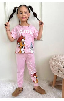 Kız Çocuk Desenli Kısa Kollu Tshırt Pijama 2'li Takım-1211 Pembe Kız Çocuk Desenli Kısa Kollu Tshırt Pijama 2'li Takım-1211 Pembe
