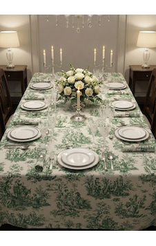 Lacivert Fransız Köylüler Desenli Rustik Vintage Dekoratif Sıvı İtici Büyük Boy Masa Örtüsü Yeşil