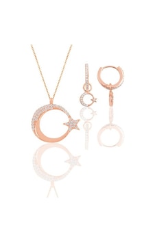Gümüş Rose Zirkon Taşlı Ay Yıldız Kolye Ve Küpe Ikili Set Gümüş Rose Zirkon Taşlı Ay Yıldız Kolye Ve Küpe Ikili Set