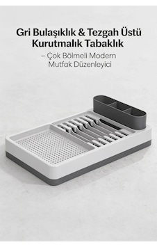 Gri Beyaz Mutfak Bulaşıklığı Tezgah Üstü Kurutmalık Tabaklık Organizer Standı Şeffaf