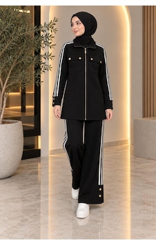 Krem Kadın Spor Şeritli Fermuarlı Tunik Pantolon İkili Takım Siyah - 943185560 Siyah