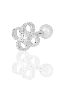 Gümüş Rodyumlu Zirkon Taşlı Yonca Modeli Tragus Helix Piercing Küpe Gümüş