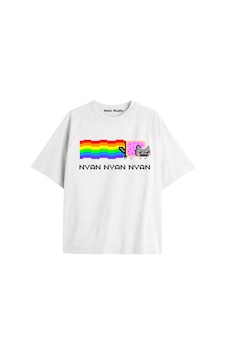 Kalic Studio Nyan Nyan Cat Oversize Unisex T-shirt Beyaz Pembe