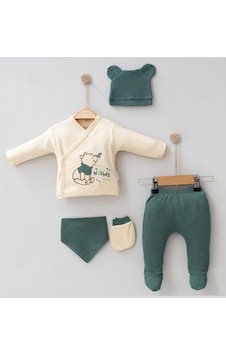Modam Bebek Winnie Pooh Desenli Erkek Bebek Hastane Çıkışı Takım 5'li Zıbın Seti 0-3 Ay Kahve