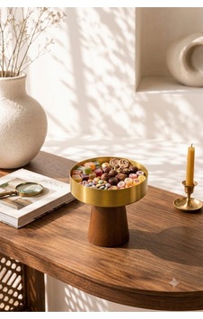 Ahşap Kaideli Modern Gold Metal Çerezlik Ve Şekerlik - Lüks Ayaklı Sunum Kasesi