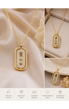Dikdörtgen Plaka Model Zirkon Taşlı Kolye Gold