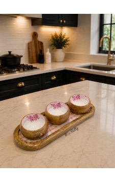 Rosadora 3 Kaseli Ahşap Oval Sunum Tepsisi Meze Sos Ve Kahvaltılık Servis Seti Pembe