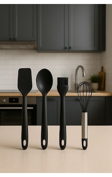 Silikon Mutfak Seti 4 Lü Kaşık Spatula Yumurta Fırçası Ve Çırpıcı Siyah