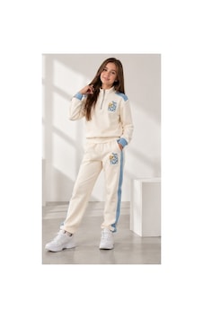 Mila Mood Çocuk Ekru Mavi Nakış Detaylı Fermuarlı Sweatshirt Bol Paça Pantolon 2 Li Takım