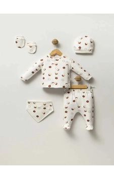 Kıpırık Baby 5'li Coconut Desenli Hastane Çıkışı Unısex Bebek Takım 100 % Doğal Pamuk-824 Ekru
