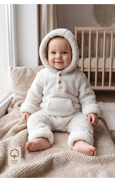 Minory Baby Kapüşonlu Cepli Peluş Bebek Tulum Gri Gri