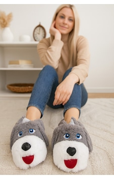 Modafrato Köpekli Peluş Unisex Hayvanlı Panduf Ev Ayakkabısı Pufidik Gri - Beyaz Modafrato Köpekli Peluş Unisex Hayvanlı Panduf Ev Ayakkabısı Pufidik Gri - Beyaz