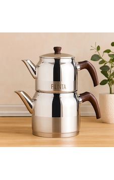 Orta Boy Çelik Çaydanlık Seti Çift Kapaklı, Süzgeçli 1.25l/2.25l Çr