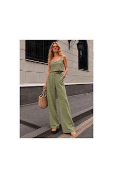 Bisou Ahşap Boncuk Detaylı Astarlı Crop Bluz Ve Bol Paça Şort Astarlı Pantolon Takım %100 Pamuk Haki