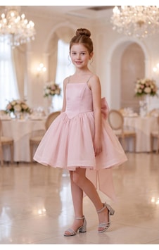 Butik Happy Kids Kız Çocuk Prenses Abiye Elbise Büyük Kurdele Detaylı Zarif Tasarım Çocuk Abiye Elbise 6-13 Yaş Pudra