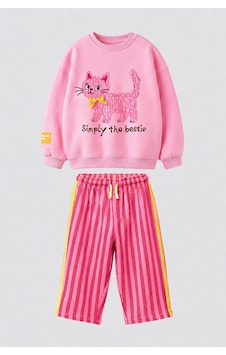 Monila Kız Çocuk Pembe Kedi Baskılı Sweatshirt Ve Pembe Çizgili Eşofman Alt Üst Takım Monila Kız Çocuk Pembe Kedi Baskılı Sweatshirt Ve Pembe Çizgili Eşofman Alt Üst Takım