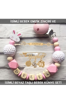 Sahi Aksesuar İsimli Bebek Emzik Zinciri Ve İsimli Bebek Künye Seti Bezyı726 Gold - Mavi