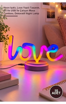 10 Adet Love Neon Masa Gece Lambası Neon Işıklı, Love Yazılı Tasarım, Pil Ve Usb İle Çalışan Masa Lambası, Dekoratif Night Lamp Diğer