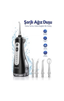 Exenar - Siyah - Şarjlı Ağız Duşu Diş Banyosu Cihazı Diş Arası Su Püskürtmeli Diş Teli İmplant Temizleme Aleti Ipx7