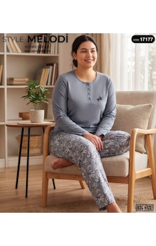 Melodi 17177 Uzun Kol %100 Pamuk Battal Büyük Beden Kadın Pijama Takımı Gri Melodi 17177 Uzun Kol %100 Pamuk Battal Büyük Beden Kadın Pijama Takımı Gri