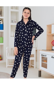 6592 Kız Çocuk Süet Kışlık Kalın Pijama Takımı Lacivert