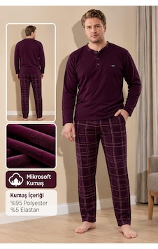 Pijamoni Pjm Erkek Battal Beden Mikrosoft Düğmeli Yaka Kışlık Pijama Takımı 6415/4 - 1 Adet Vişne Çürüğü
