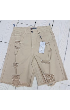 Büyük Beden Yüksek Bel Yırtık Cepli Denim Kadın Şort Bej Büyük Beden Yüksek Bel Yırtık Cepli Denim Kadın Şort Bej
