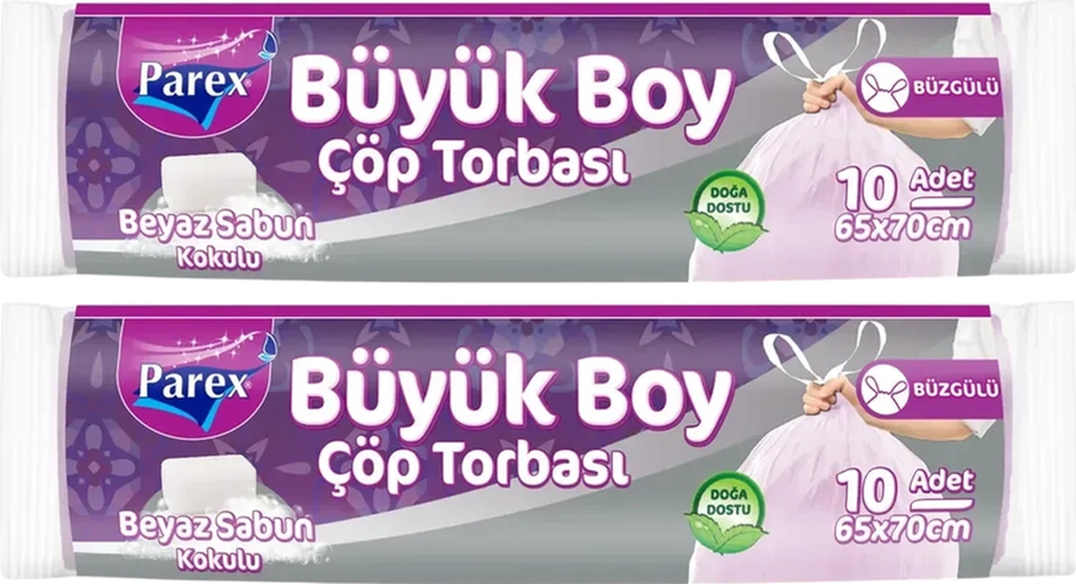 Büzgülü 10'lu Çöp Torbası Beyaz Sabun Kokulu Büyük Boy 65 X 70 Cm İkili Paket Büzgülü 10'lu Çöp Torbası Beyaz Sabun Kokulu Büyük Boy 65 X 70 Cm İkili Paket