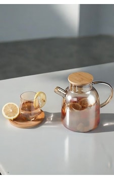 Lüks Borosilikat Cam Amber Bambu Kapaklı Bitki Çayı Demliği & Sürahi 1500 Ml Amber