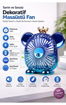 Usb Şarjlı Dekoratif Masaüstü Fan 1200mah Sessiz Mini Vantilatör 3 Kademeli
