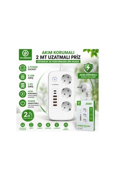 Akım Korumalı Priz 2 Mt Uzatma Kablo Pd -usb Giriş