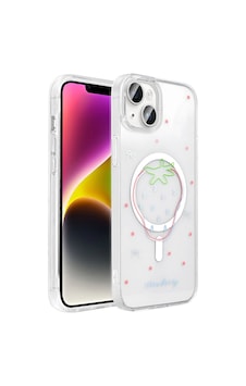 Apple Uyumlu iPad iPhone 15 Plus Kılıf M-safe Şarj Özellikli Şeffaf Zore Folk Sert Kapak Çilek