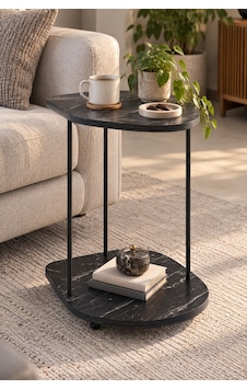 Sulorahome Tekerlekli Oval Servis Sehpası Siyah Mermer Desenli