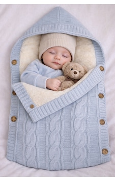 % 100 Organik İçi Polarlı Kapüşonlu Düğme Detaylı Triko Bebe Kundağı 75 X 40 Cm 1068 Mavi Mavi