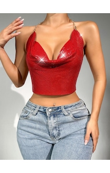 Hazego Parlak Kırmızı Crop & Bluz Kolsuz Kayık Yaka Zırh Büstiyer Std Hazego Parlak Kırmızı Crop & Bluz Kolsuz Kayık Yaka Zırh Büstiyer Std