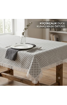 Küçükçalık Duck Kumaş Gri Geometrik Desenli Dantelli Masa Örtüsü