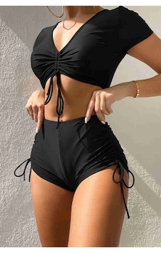 Angelsin Özel Tasarım Yarım Kol Büzgü Detaylı Bikini Üstü Siyah 001