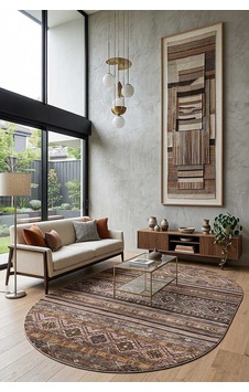 Etnik Kilim Desenli Pamuk Taban Yıkanabilir Baskılı Dekoratif Oval Halı Vizon Kahve Etnik Kilim Desenli Pamuk Taban Yıkanabilir Baskılı Dekoratif Oval Halı Vizon Kahve