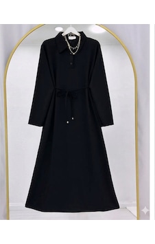 Lovie Moda Kadın Polo Yaka Bağcıklı Elbise - Siyah Lovie Moda Kadın Polo Yaka Bağcıklı Elbise - Siyah
