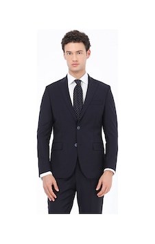Lacivert Düz Modern Fit Yün Karışımlı Takım Elbise 6 Drop Lacivert