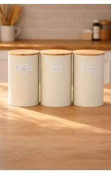 Bambu Kapaklı Metal Çay Kahve Şeker Kavanoz Seti Krem Bambu Kapaklı Metal Çay Kahve Şeker Kavanoz Seti Krem